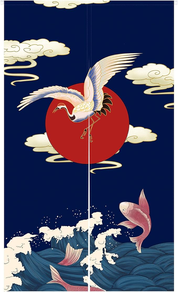 ligicky noren 日本风格门口窗帘起重锦鲤云日落波浪印花藤窗处理面板